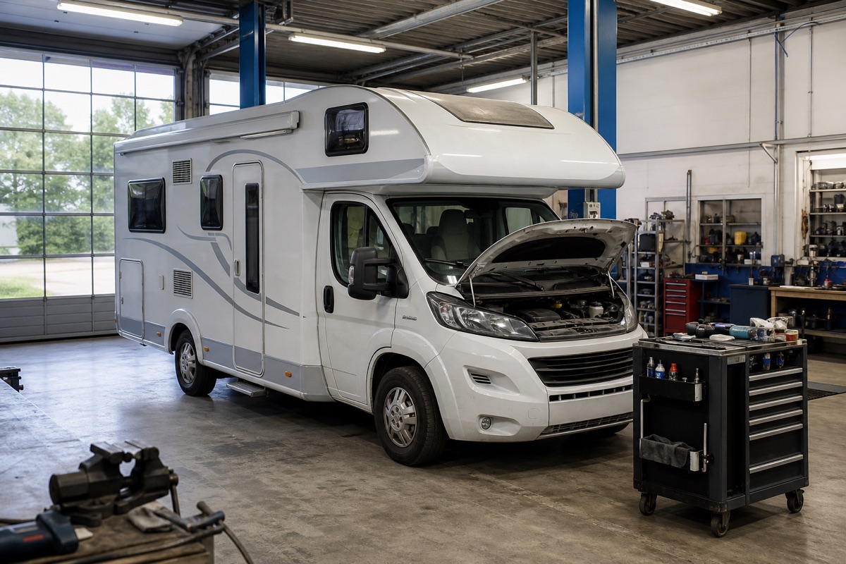 Wohnmobil zur Reparatur in der Werkstatt
